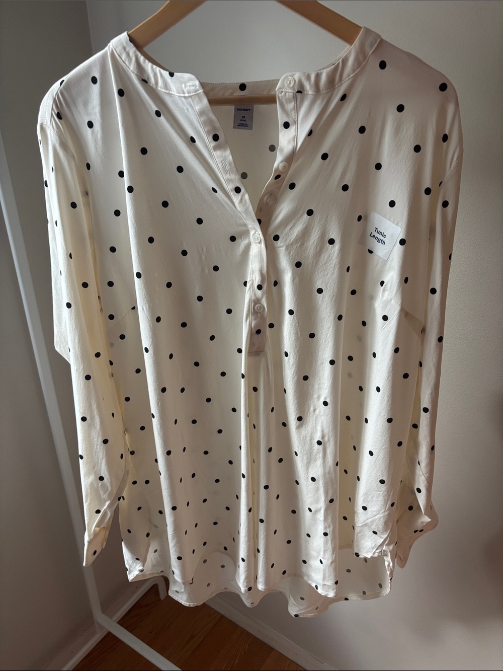 Old Navy Cream Button-Down Tunic Blouse with Black Polka Dots